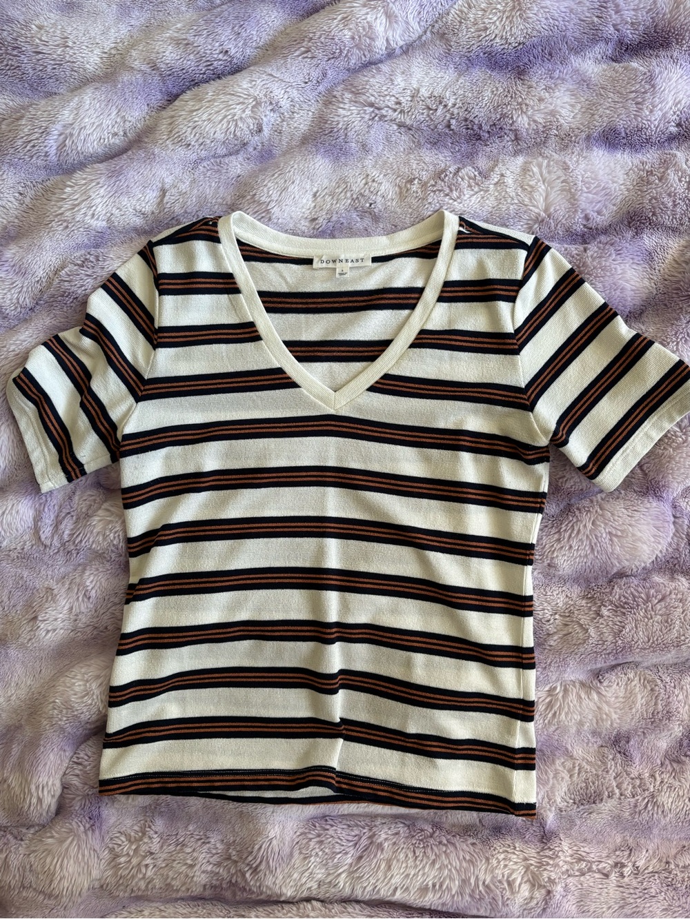 DownEast Ivory V-Neck Short Sleeve Top with navy & Brown Stripes
